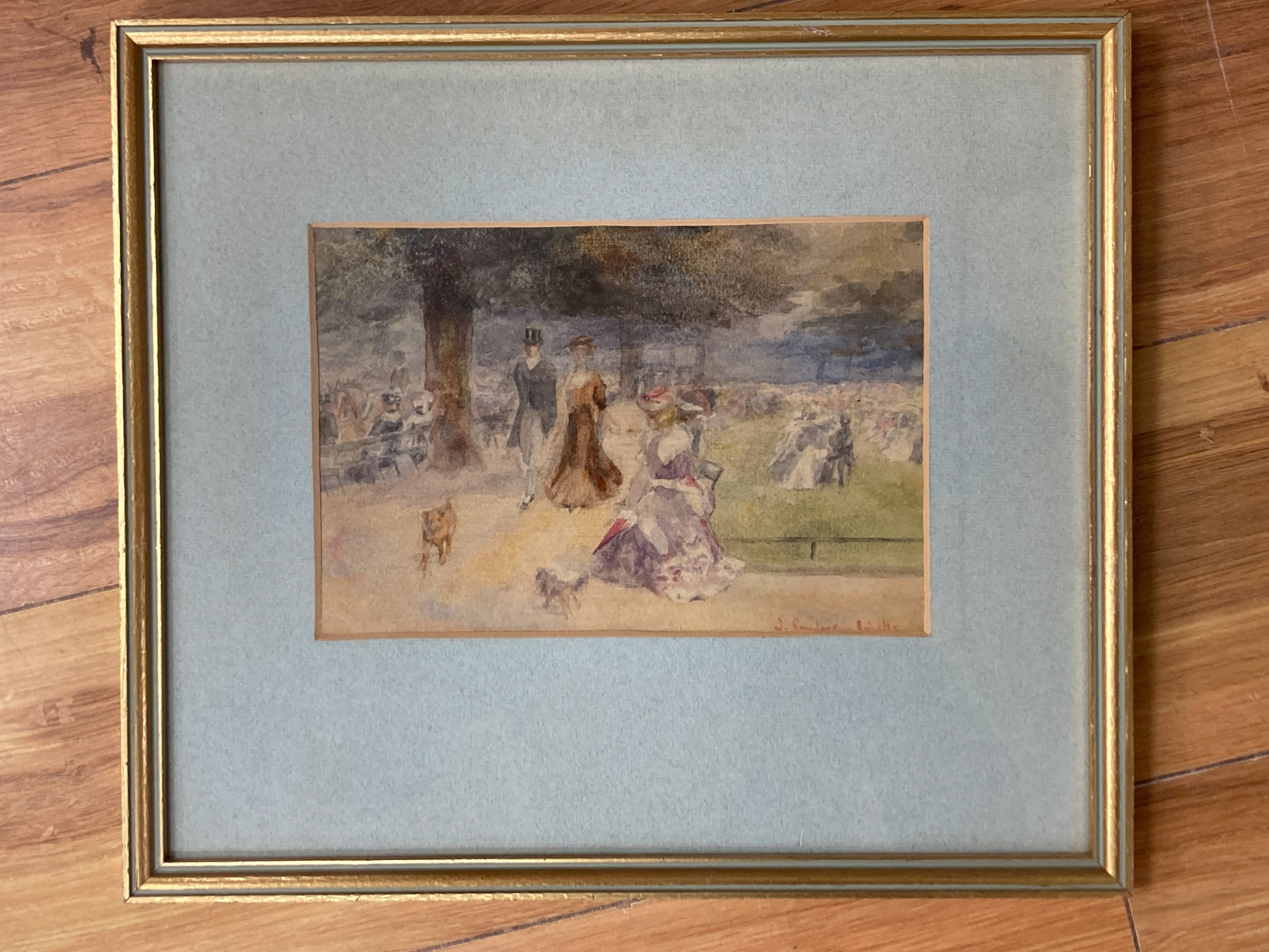 John Sanderson Wells (1872-1950), watercolour, Figures in a park, signed, 15 x 22cm.